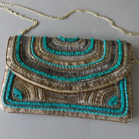 Beaded purse, chain strap, magnet closure, turquoise, gold, silver, bronze beads - Picture 1 of 9